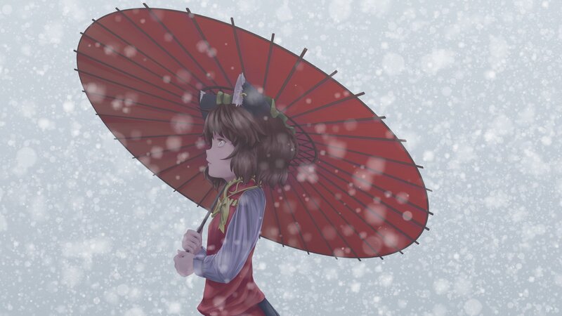 girl with red umbrella in snow