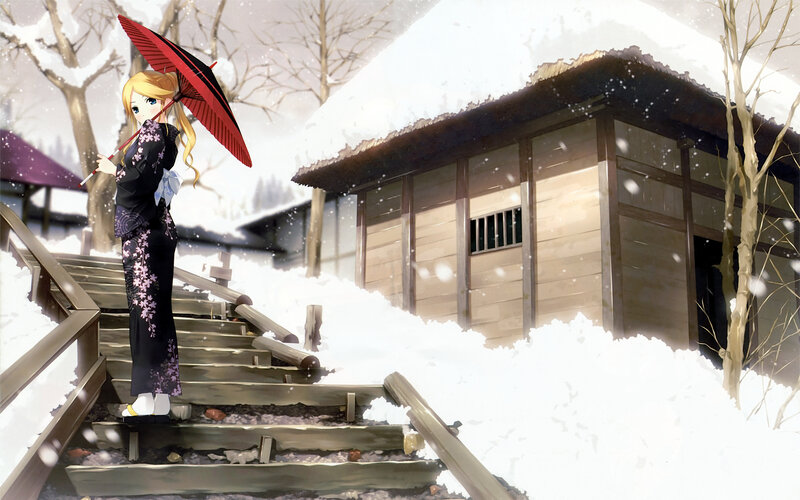 Girl with red umbrella in snow