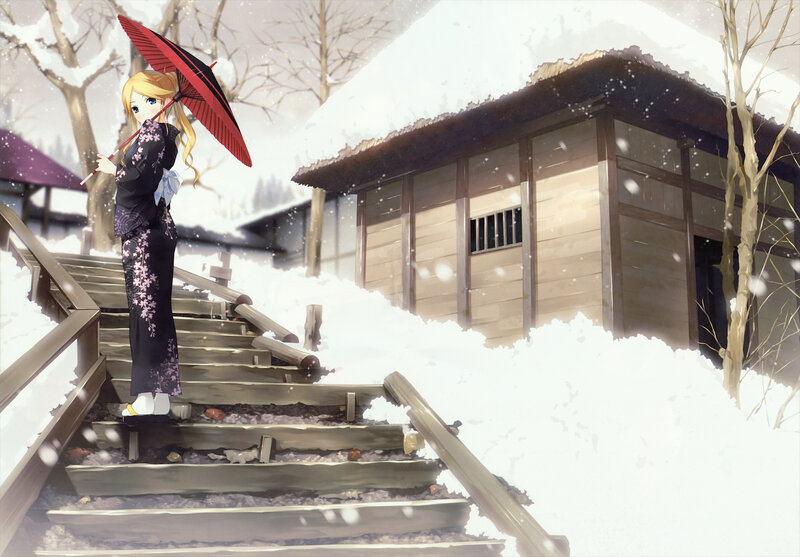 Girl with red umbrella in snow