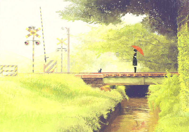 Girl with red umbrella on bridge