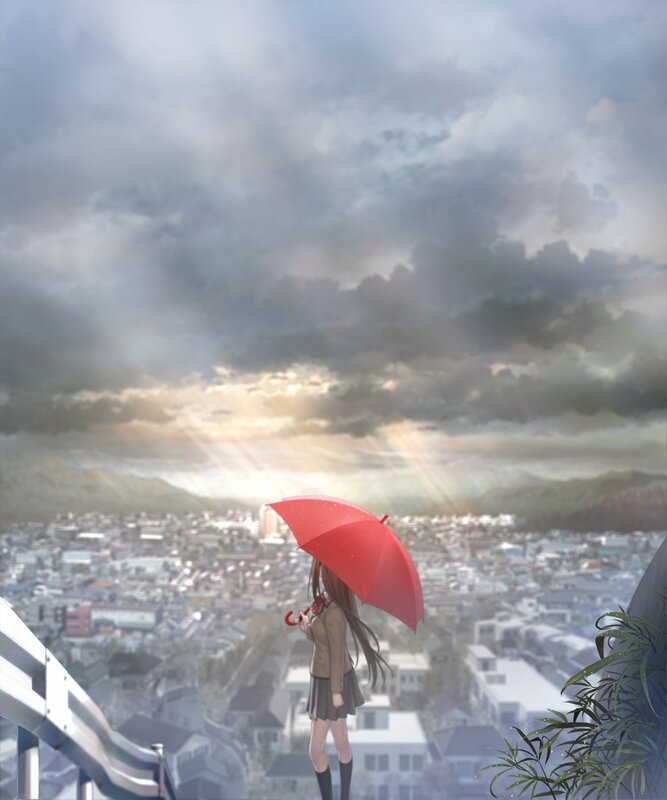 Girl with red umbrella overlooking city
