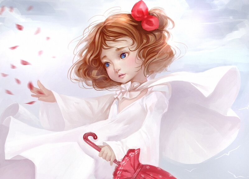 Girl with Red Umbrella — White, Serene