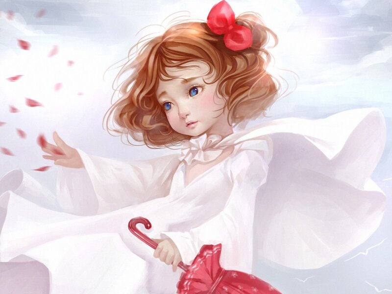 Girl with Red Umbrella — White