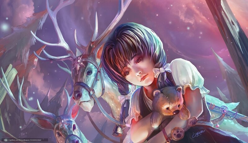 girl with reindeer and teddy bear