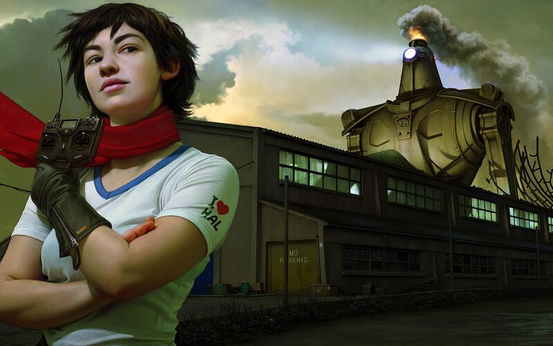 Girl with remote control near factory