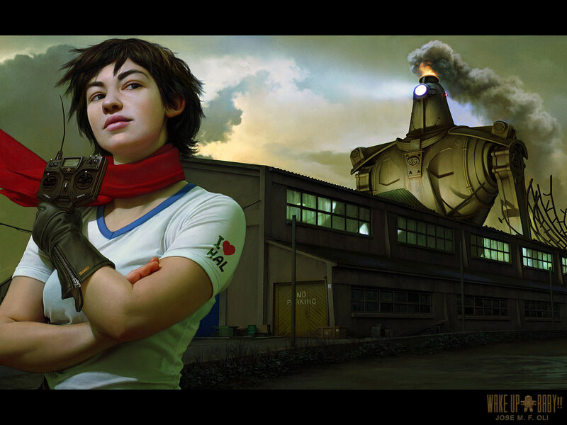 Girl with remote near factory