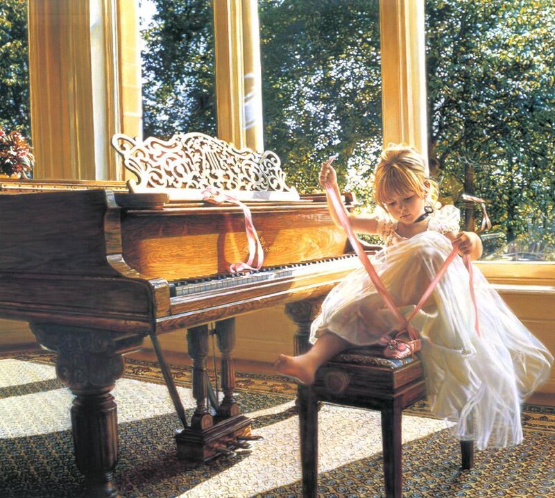 Girl with ribbon by piano