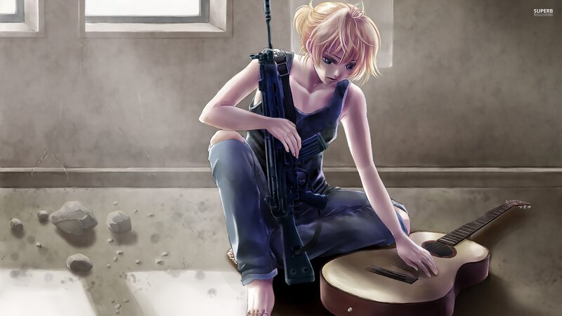 Girl with rifle and guitar