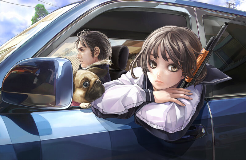 Girl with Rifle in Car — Blue