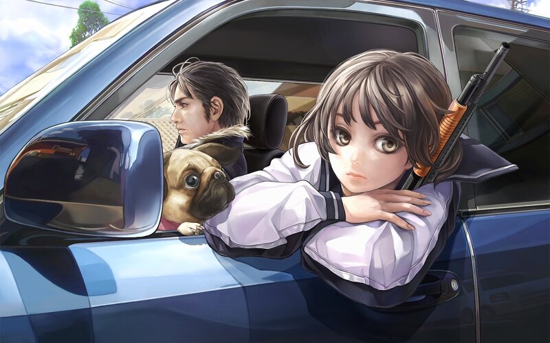 Girl with rifle in car