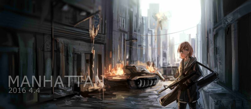 Girl with Rifle in City