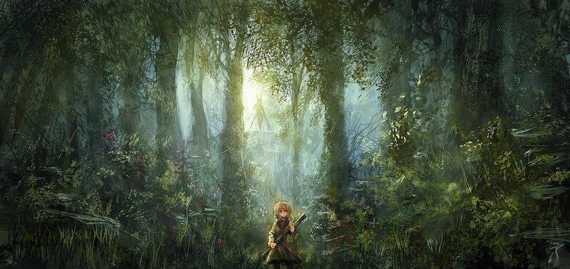 Girl with Rifle in Forest