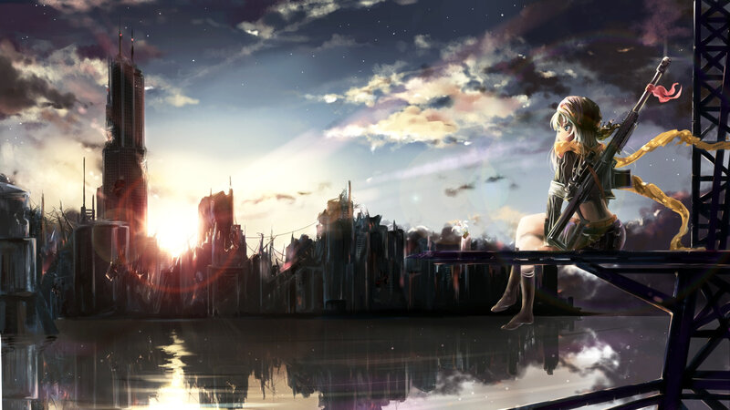 Girl with Rifle on Bridge
