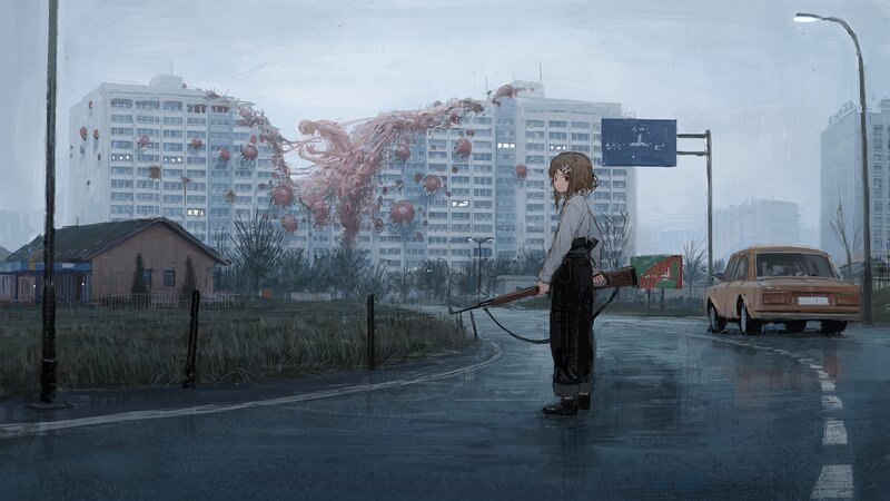 Girl with Rifle on Street
