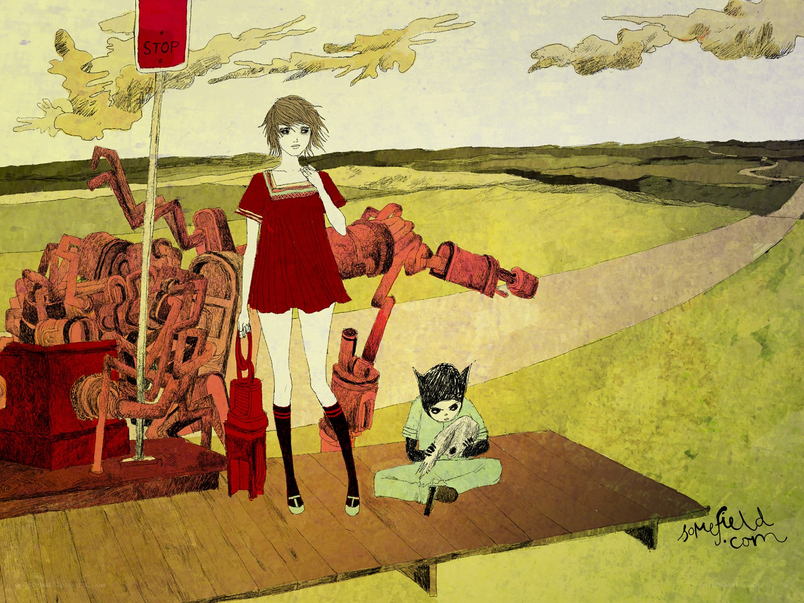 Girl with robot arm on a platform
