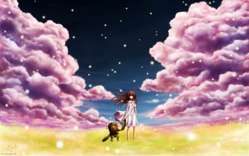 Girl with robot in dreamy field