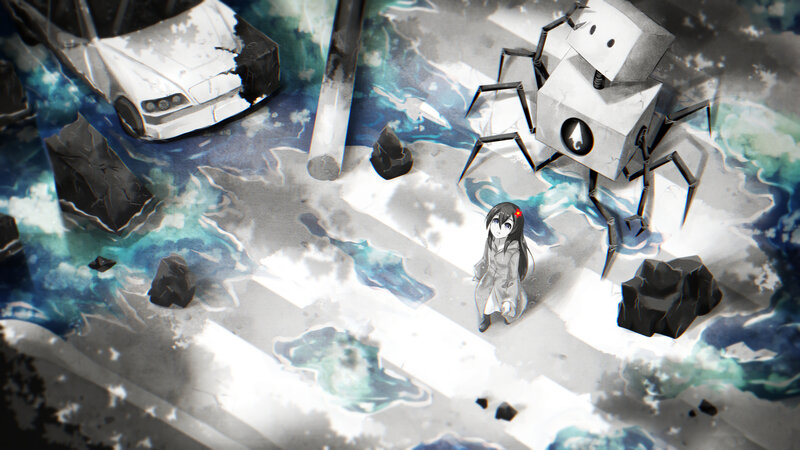 girl with robot in flooded city