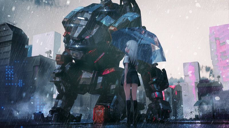 Girl with Robot in Rain