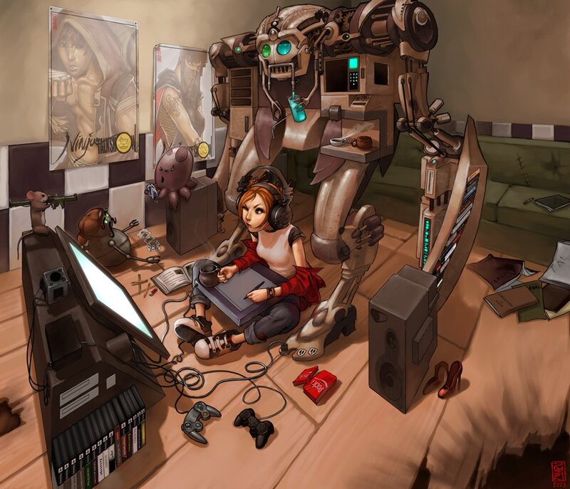 Girl with Robot in Room