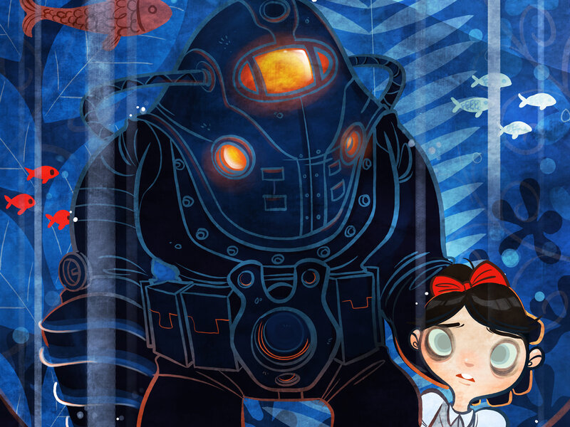 girl with robot in underwater scene
