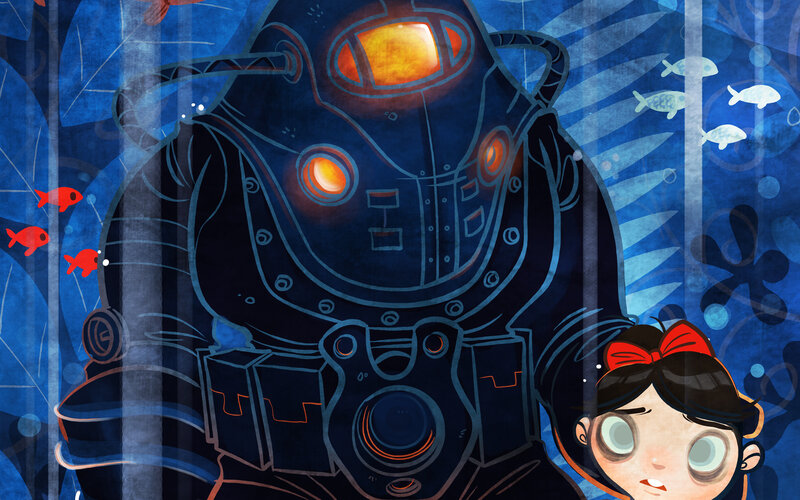 girl with robot in underwater scene