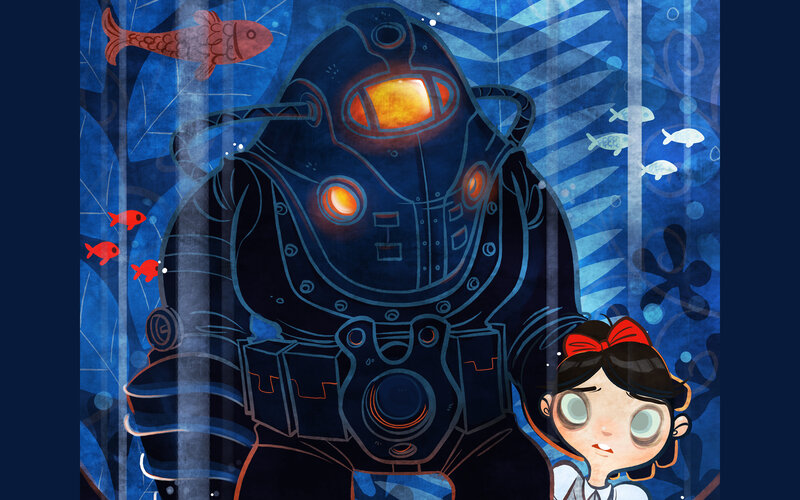 girl with robot in underwater scene