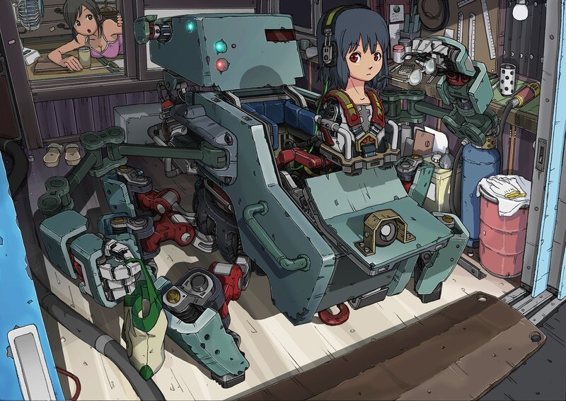 Girl with Robot in Workshop — Blue