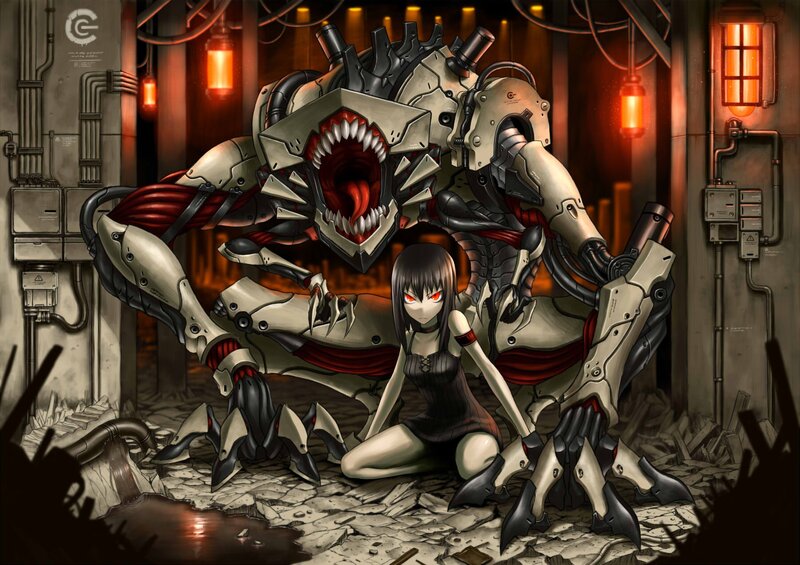 Girl with Robotic Monster — Red