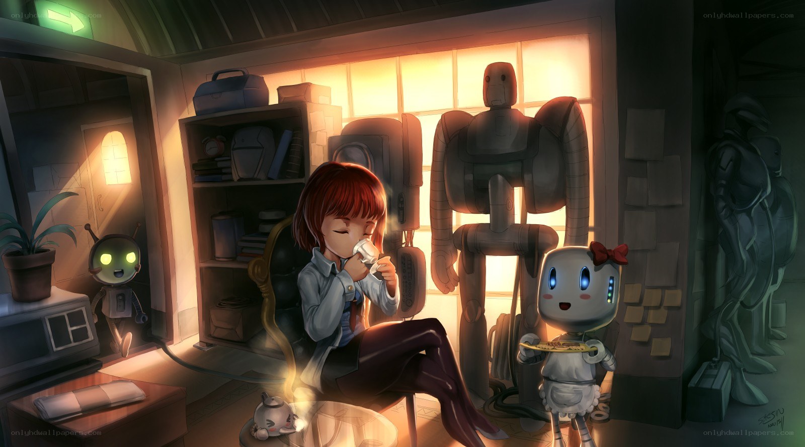 Girl with robots in a workshop