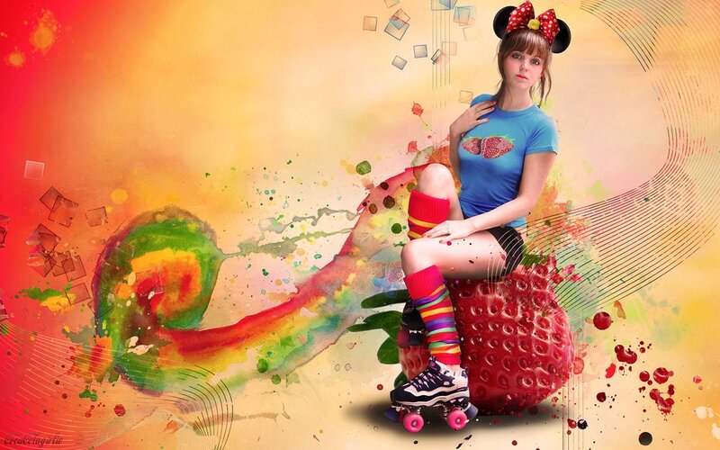 girl with roller skates and strawberry