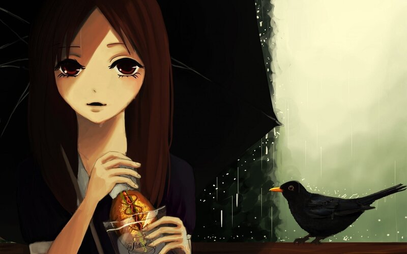 Girl with sandwich in rain