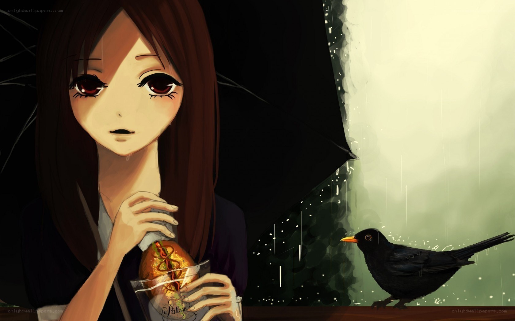 Girl with sandwich in rain