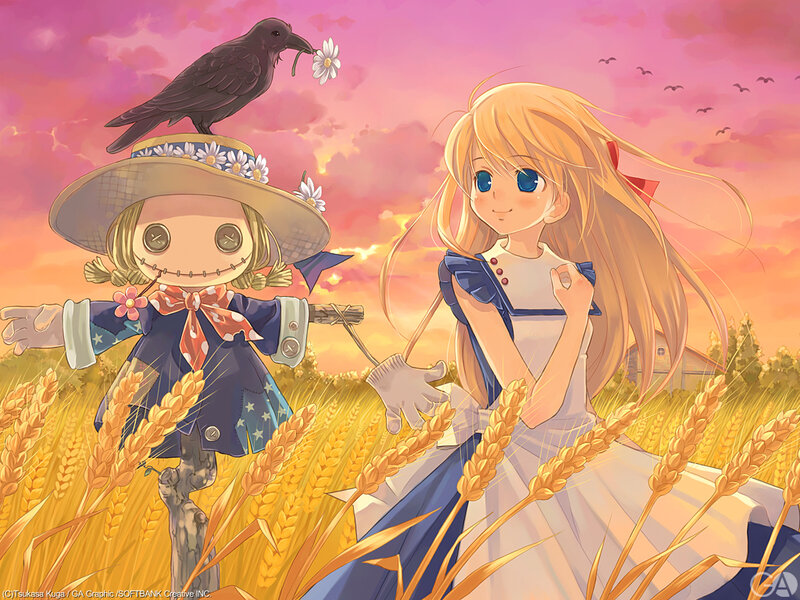 girl with scarecrow in wheat field