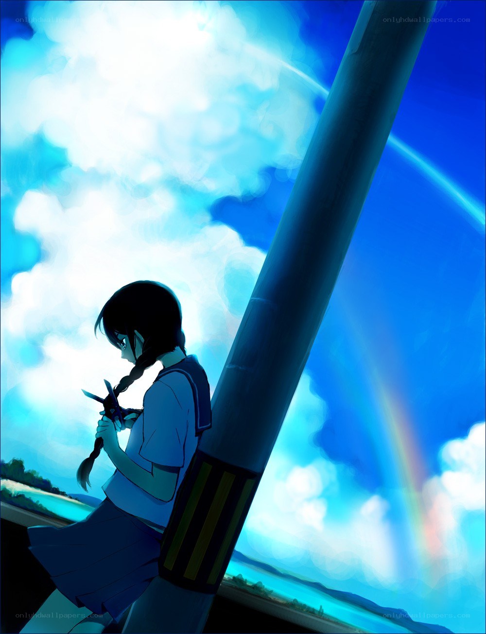 girl with scissors under rainbow