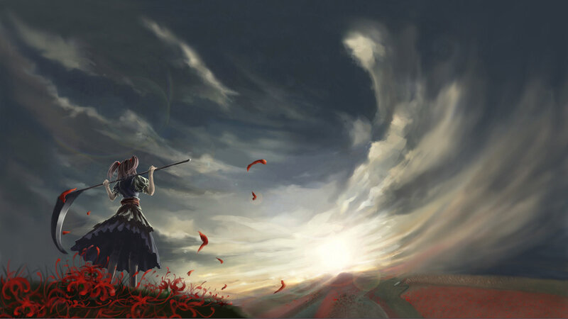 Girl with Scythe — Gray, Dramatic, Sunset, Digital Art, Flowers, Sky, Red, White