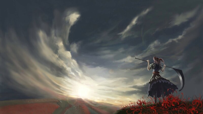 Girl with Scythe — Gray, Dramatic, Sunset, Digital Art, Flowers