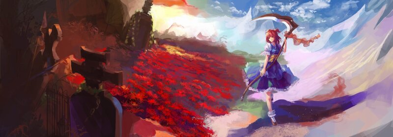Girl with scythe in red field