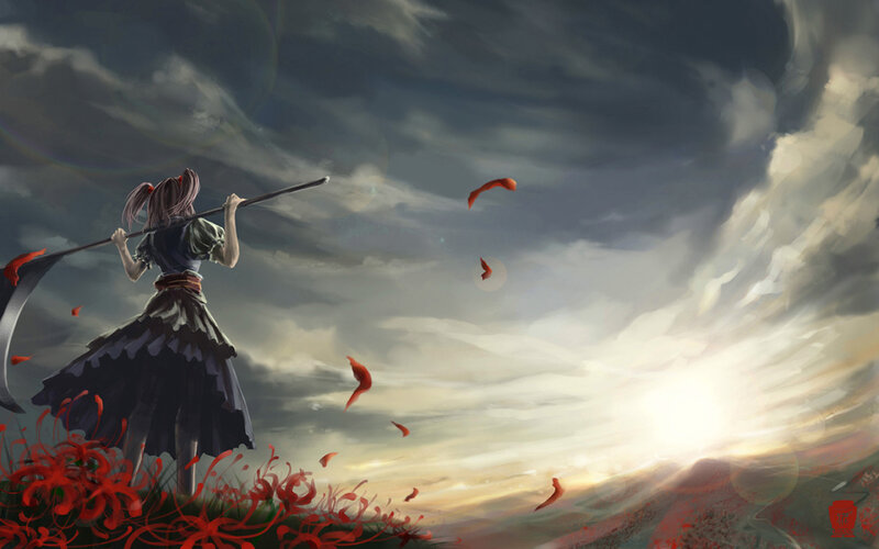 Girl with scythe in red field