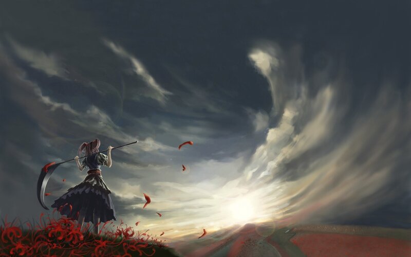 Girl with scythe in storm
