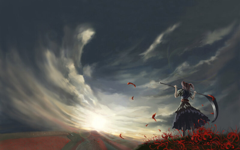 Girl with scythe in storm