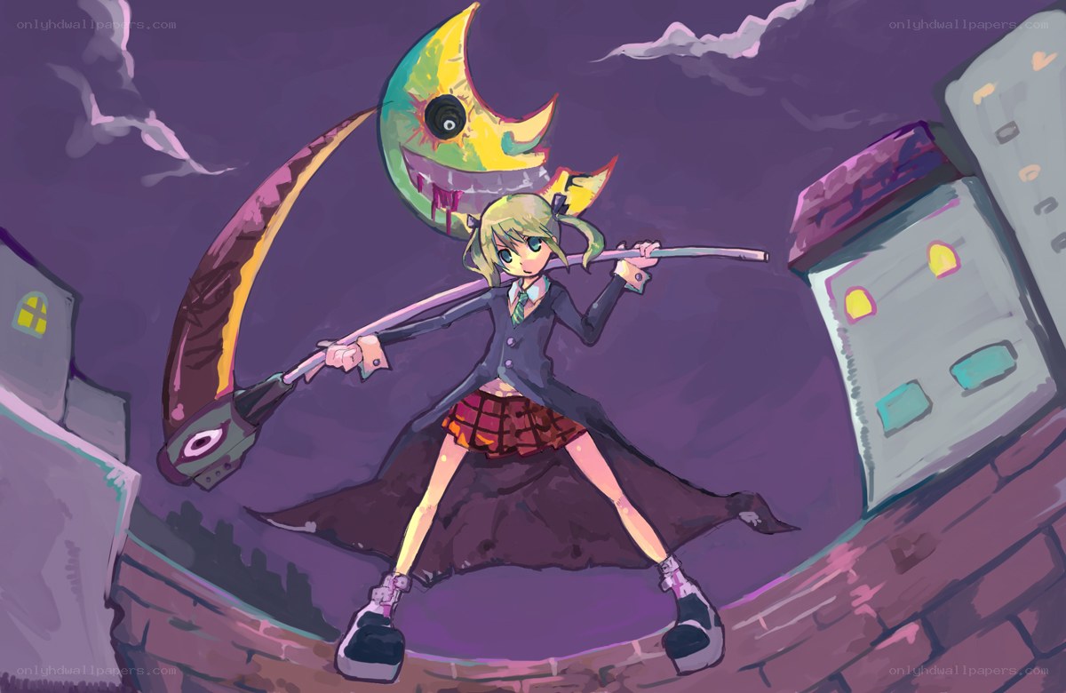 girl with scythe on rooftop