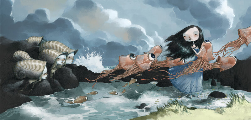Girl with sea creatures on shore