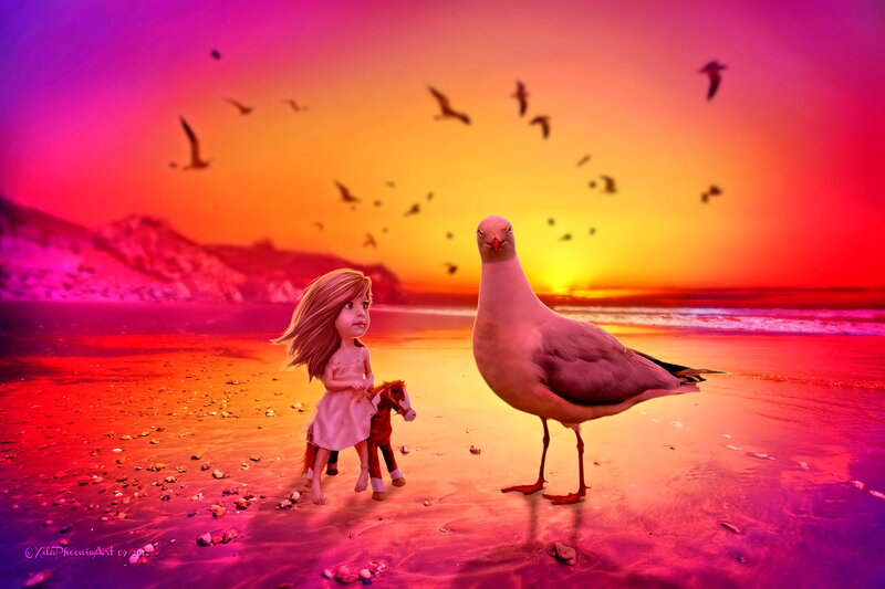 Girl with Seagull on Beach