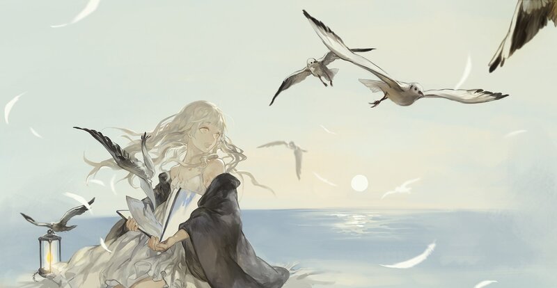 Girl with Seagulls — White