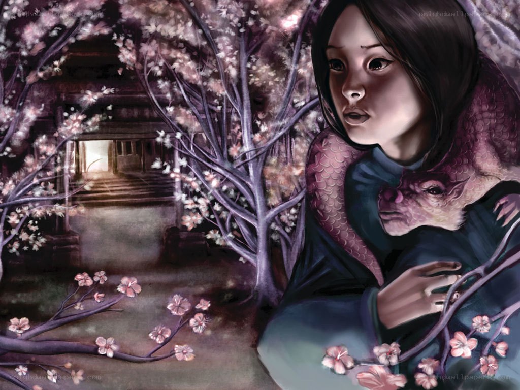 girl with serpent in cherry garden