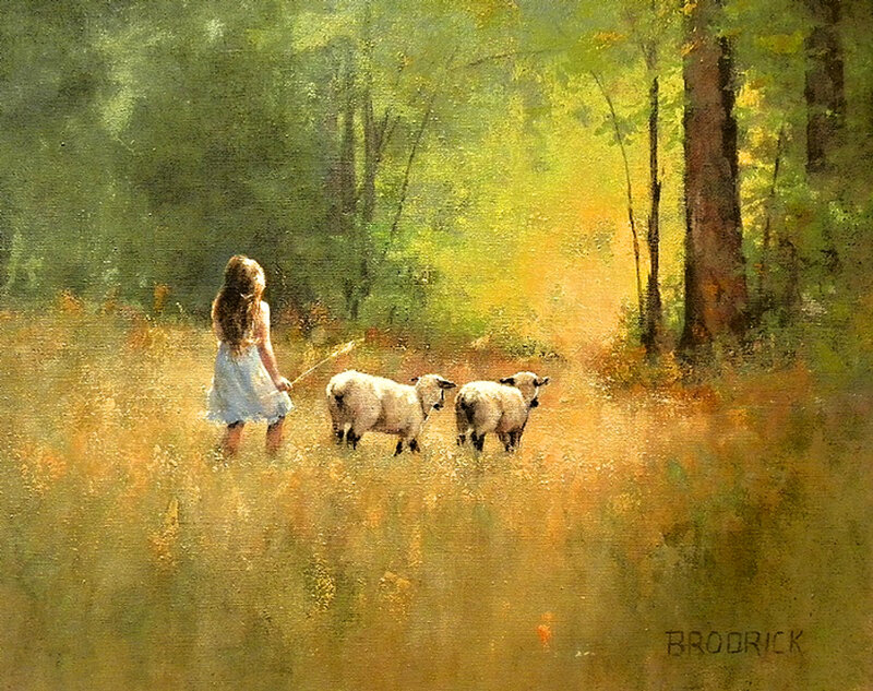 Girl with Sheep in Field — Green