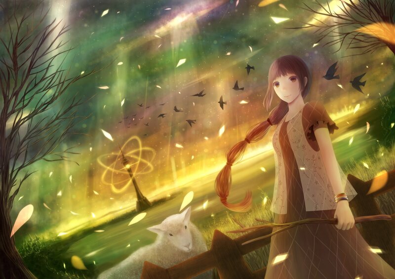 Girl with sheep in magical forest