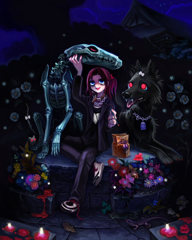 Girl with skeleton and wolf