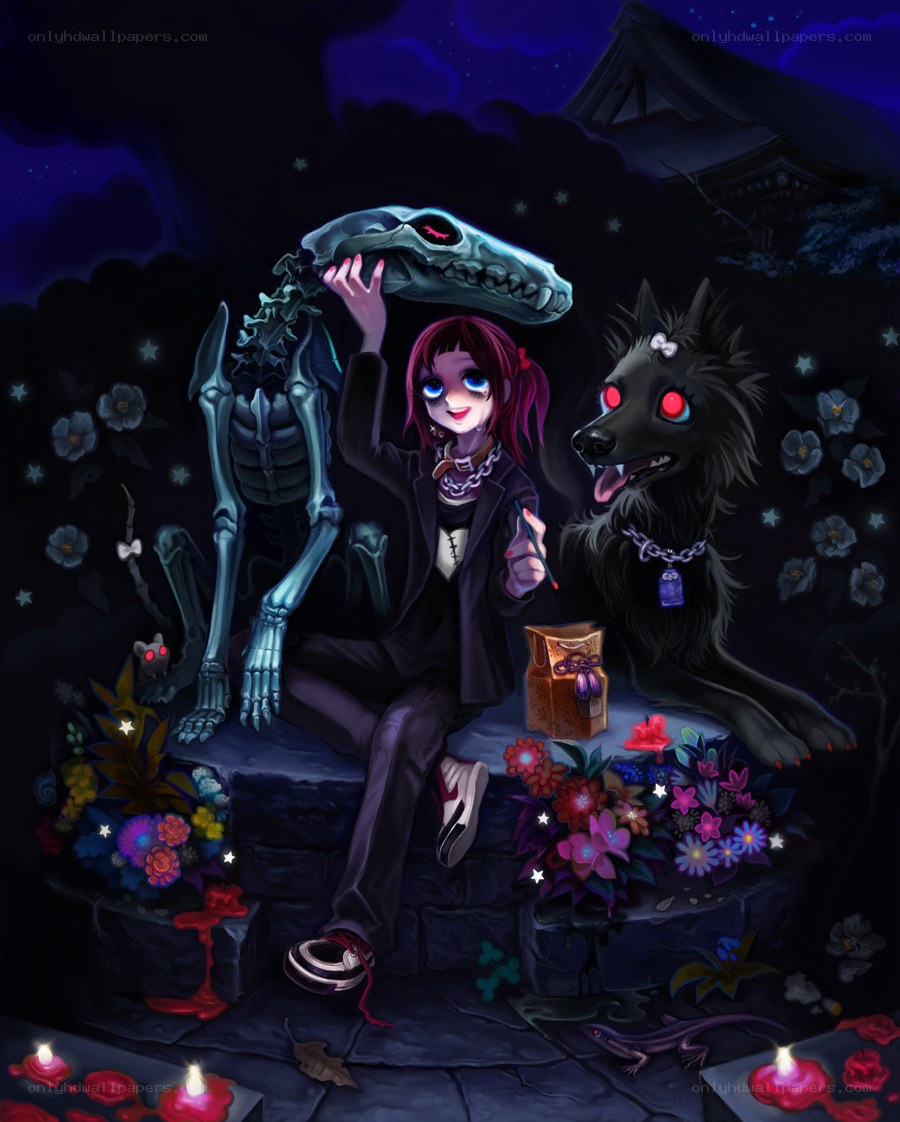Girl with skeleton and wolf