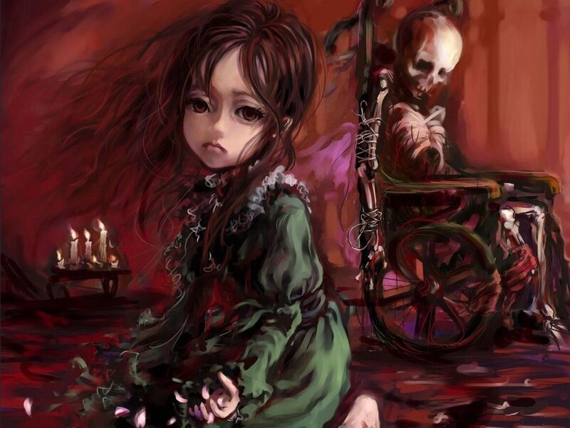 Girl with skeleton in wheelchair